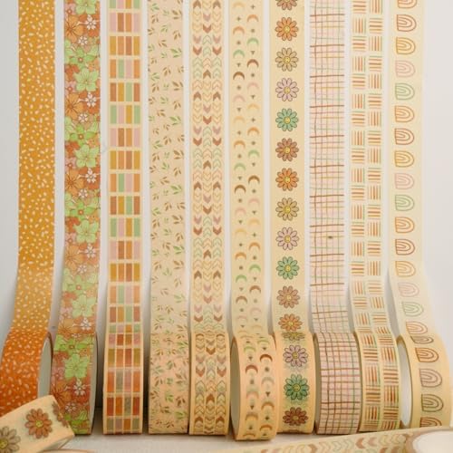 Boho Washi Tape Set 10 Rolls Cute Masking Graphic Floral Pattern Decorative Tapes for Arts, DIY Crafts, Journals, Planners, Scrapbook, Wrapping (Colors)