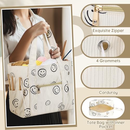 Bulyoou 2 Pcs Crochet Bag and Tote Set, Corduroy Yarn Bag with Grommets, Smile Face Crochet Project Bags Organizer for Hooks, Needles, Knitting Accessories, Gifts for Women Yarn Crafts Lovers