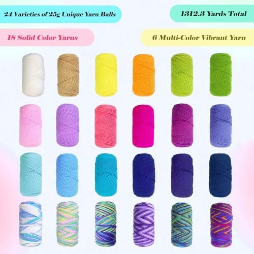 Yarniss 24 Color Crochet Yarn Kit, 1312yds Worsted Acrylic with 4mm Hook
