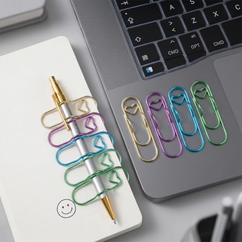Ymapinc 12 Pcs Heart Paper Clips Small, Pen Holder Clips, Metal Cute Paperclips, Pen Holder for Notebook, Bookmark, Planner/Journal Accessories for School Office (Gold+Blue+Green+Purple)*3