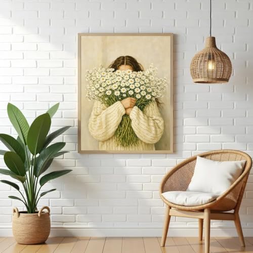 VeGuude Diamond Art Kits for Adults, Full Drill Woman with Daisies Bouquet Diamond Painting Kits for Beginners, DIY Full Rhinestone 5D Diamond dots (Gemstone Craft), Home Wall Decoration (12x16 inch)