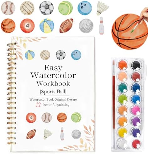 Easy Watercolor Workbook for Beginners - 12 Beautiful Step-by-Step Paintings Water Coloring Book, Includes 16 Colors Paints, Relaxing Art Projects and Creative Gift for Adults & Teen (Sports Ball)