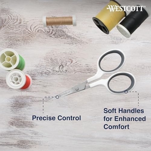 Westcott 4" Embroidery Scissors with Curved Titanium-Bonded Blades for Flush Trimming, Crafting, Sewing & More (White/Gray)