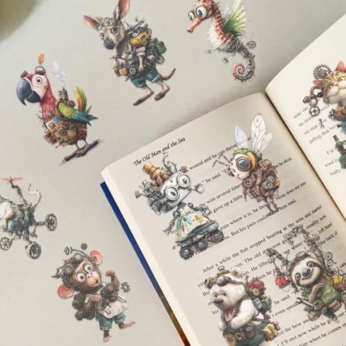 50PCS Steampunk Animal Stickers – Vintage Victorian Mechanical Creatures Waterproof Clear Stickers for Journaling, Scrapbooking, Crafts, Laptops, Art Projects