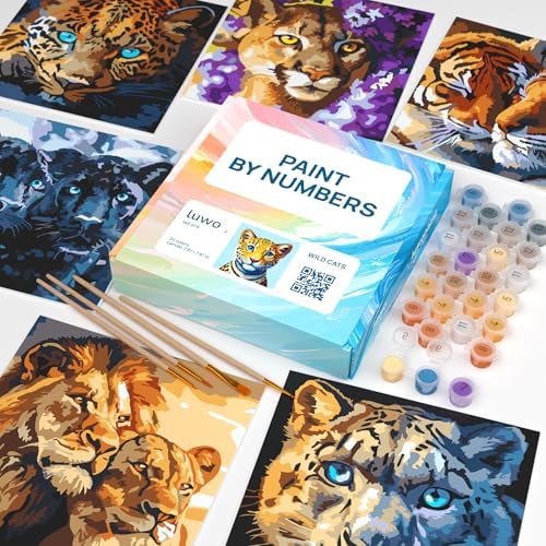 LuwoArte 6 Pack Paint by Numbers Kit for Adults – Flower Symphony – Floral Paint by Numbers for Adults Beginners – DIY Adult Paint by Number Kit – Relaxing Painting Set – 6.3 x 7.87 inch (Wild Cats)