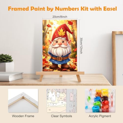 MOGTAA Fall Paint by Numbers Kit for Adults Beginners with Frame, Gnome Adult Paint by Number Kits on Canvas with Easel, Easy DIY Autumn Oil Painting Kits for Home Decor, 8x12in