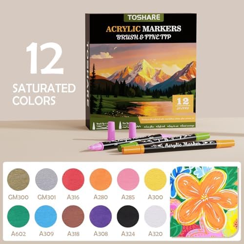 12 Colors Precision Dual Tip Acrylic Paint Markers Pens - Brush & Fine | Performs on Rock, Wood, Paper, Fabric, Egg, Scrapbook, Glass, Ceramic, Canvas, DIY Crafts Art Gift - School Supplies