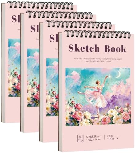 4 Pack Small Sketch Books, 5.5 × 8.5 in, Spiral Bound, Pink | 100gsm Acid-Free Paper, 30 Sheets Each, Dry Media Use, Flat-Lay Top Spiral, Portable for Travel And Class