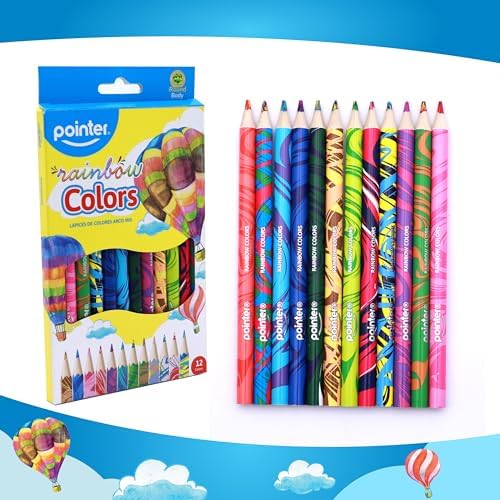 Pointer Colors Rainbow Colored Pencils – 12 Count, Pre-Sharpened, Round Body, Multicolored Barrel Designs – Fun School & Art Supplies