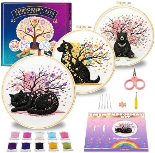 Huacan Embroidery Kit for Adults Beginners with 3 Hoops & Gift Box