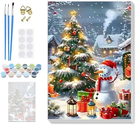 SENQAO Christmas Paint by Numbers for Adults Framed, Snowman Christmas Tree Adults' Paint-by-Number Kits, Adult Paint by Number Kits on Canvas,Acrylic Number Painting for Home Decor, 8x12in