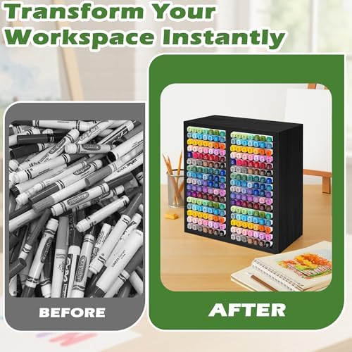 PROLEE Marker Organizer for 224 Markers, Wooden Alcohol Marker Holder with 32 Compartments, Horizontal Art Pen and Pencil Storage Rack for Desk, Classroom and Studio, Black