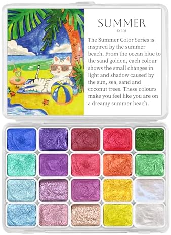 CraftyManor Mini Glitter Watercolor Paint Set, 20 Colors Shimmer Metallic Watercolour Painting Sets, Solid Pearl Water Color Paints for Adult, 1ml Trial Pack(Summer)