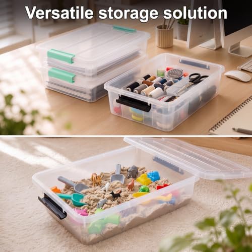 6 Qt Clear Storage Bins with Lids,Sensory Bins,Stackable Plastic Containers with Secure Latches,Multi-Purpose Classroom Storage Organizer for Craft Supplies,Paper & Office Stationery,4 Pack,Black
