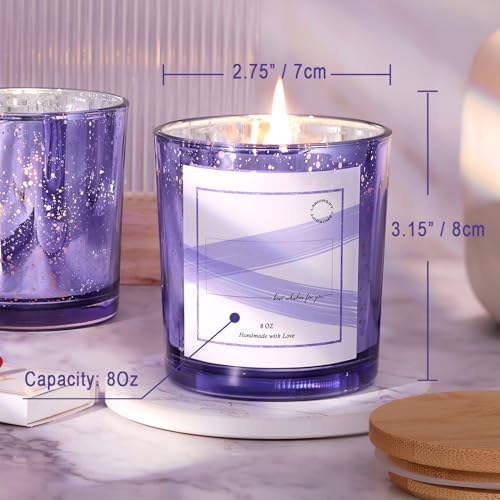 LAMORGIFT 15 Pack Glass Candle Making Jars with Lids (8oz, Purple) - Candle Containers for Making Candles - Mercury Glass Candle Jars Include 20 Pcs Candle Labels