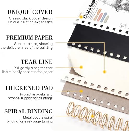 Sketch Book with 12 Colored Pencils, Spiral Bound, 9 × 12 in, 90 Sheets | 100gsm Acid-Free Paper, Hardcover, Perforated Pages, for Colored Pencils, Charcoal, Crayons And Gel Pens