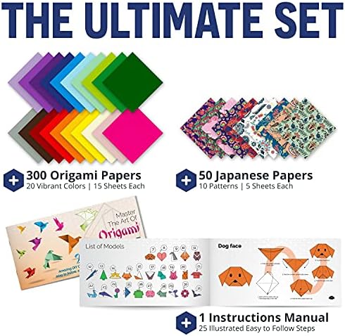 Origami Paper | 350 Origami Paper Kit | Set Includes - 300 Sheets 20 Colors 6x6 | 50 Traditional Japanese Patterns | Origami Book 25 Easy Colored Projects | Kids Crafts | Christmas Gifts for boys 8-12