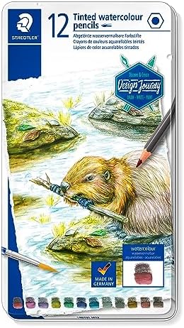 Staedtler Water-Soluble Tinted Graphite Pencils, Watercolor Artist Set, Pre-sharpened, 12 Colors in Metal Tin, 14610T M12