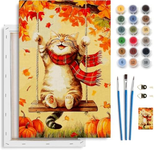 Spandrel Framed Paint by Numbers Cat Kit for Adult, Autumn Adult Paint by Number Kits on Canvas, DIY Acrylic Oil Easy Halloween Painting by Numbers Fall for Home Wall Decor, 8x12in