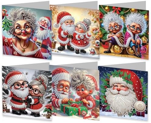 6Pcs Christmas Greeting Card DIY Diamond Art Painting Greeting Cards Blessing Folding Card Kit with White Envelopes Diamond Arts Crafts for Birthday Festival Gift-Santa Claus01