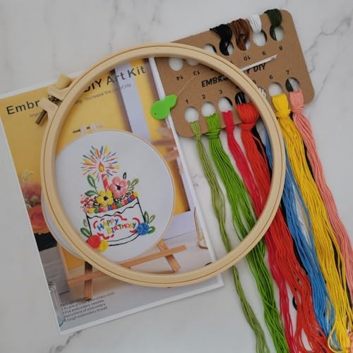 Esffaci Embroidery Starter Kit for Adult Beginner with Birthday Cake Flowers Pattern Hand Embroidery Set with Cloth Hoop Needle Threader Floss and Instruction