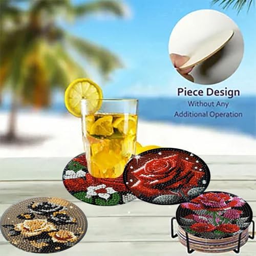 8 Pack Diamond Art Coasters,Rose Flowers Diamond Painting Coasters Kits