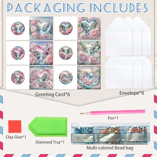 6 Pack Diamond Art Greeting Cards with Envelopes, Flowers and Hummingbirds DIY 5D Diamond Painting Card Kit, Handmade Rhinestone Postcards for Birthday & Valentine’s Day Wishes (30x15cm)