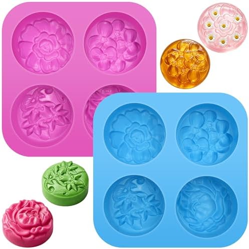 4-Cavities Flower Round Soap Molds 2 Pack Flowers Soap Mold Flower Candle Silicone Molds Flowers Chocolate Mold for Pudding Homemade Craft Wax Baking Ice Cube Tray Jelly