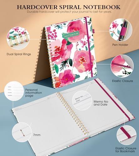 Spiral Notebook Journal 8.5” x 11”, A4 Large Notebooks for Women Men, College Ruled Lined Journal, 100 GSM Paper, Hardcover Spiral Bound Journals for Work School Note Taking, Watercolor Blooms