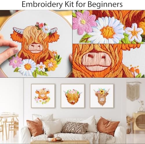 Louise Maelys 3 Pack Highland Cow Embroidery Kit for Beginners Floral Art