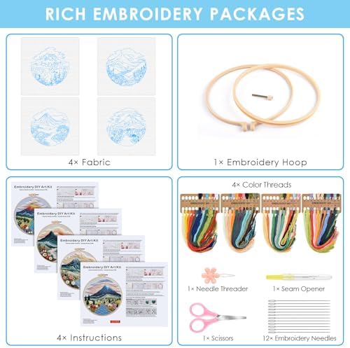 ERKOON 4 Set Embroidery Kit for Beginners, Cross Stitch Set Include Embroidery Cloth Hoops Threads for Craft Lover Hand Stitch with Embroidery Skill Techniques (Landscape)