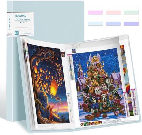 A3 Diamond Painting Storage Book, 60 Views Art Portfolio Presentations Folder with 30 Pages Protectors, 17.3x12.8in Green