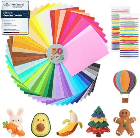 moinkerin 50Pcs Felt Sheets for Crafts with Thread 8"x12" Felt Fabric Sheets Assorted Colors 1mm Stiff Felt for Crafting DIY Handwork Sewing Patchwork (50 Colors)