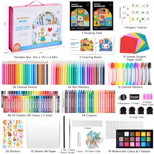 Shuttle Art 335 Piece Kids Art Set, Multi-Media Art Supplies, Gift Art Kit with Trifold Easel, 2 Drawing Pads, 2 Coloring Books, Oil Pastels, Crayons, Watercolors, Markers, Colored Pencils (Pink)