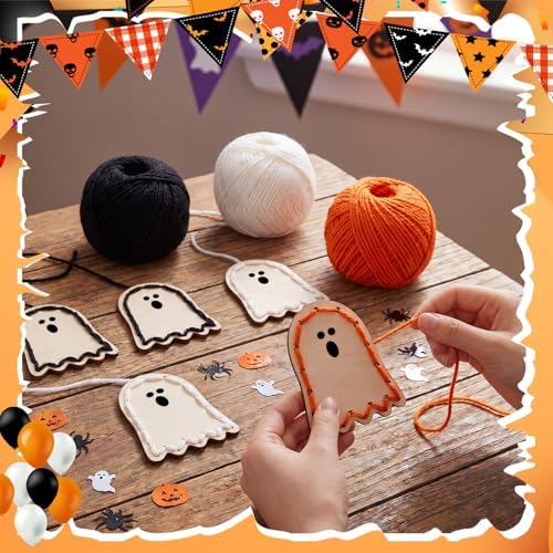 Kathfly 24 Set Halloween Wooden Craft Kit Ghost String Craft Ornaments with Yarn and Plastic Weaving Tools DIY Art Hanging Decorations for Classroom Halloween Haunted House Party Favor Home Activities