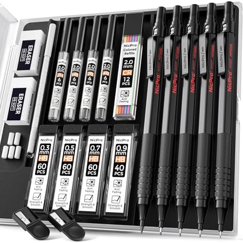 Nicpro Black Art 5PCS Mechanical Pencil Set, Metal Drawing With Lead Eraser