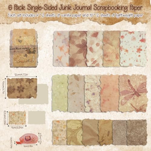 170 Pcs Sheets Vintage Scrapbook Paper Kit with Photo Tapes, Textured Scrapbook Paper, Scrapbooking Supplies, Junk Journal Supplies, Decorative Decoupage Card, Mixed Media Collage Making Craft
