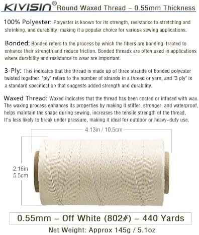 Bonded Waxed Polyester Thread for Leather Sewing, 0.55mm, 440 Yards, Off-White, 3-Ply Wax Cord for Stitching, Bookbinding, Upholstery, Beading, Crafting, Macrame Jewelry and Bracelet Making