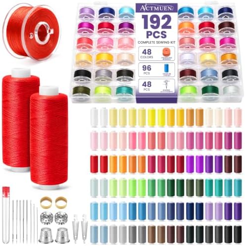 Actmuen 192PCS Sewing Thread Kit, 48 Colors, 96 Thread Spools, 48 Bobbins & Accessories,Polyester Set for Hand & Machine Sewing,Quilting, Repairs and DIY Crafts