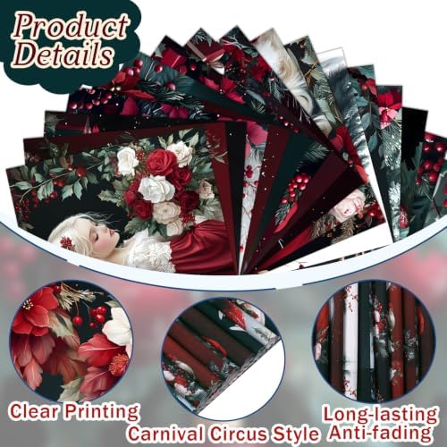 HunnmingRe 20 Pcs 10''x10'' Burgundy Christmas Quilting Fabric Square Gothic Precuts Quilted Fabric Bundle Santa Angel Printed Sewing Material for Winter Patchwork Scrapbook Junk Journal DIY Craft