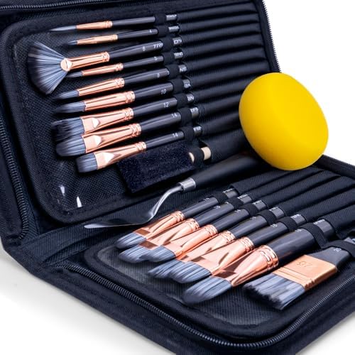Transon 20Pcs Art Paint Brush Kit with Storage Case, 16 Brushes + Foam Brush Spatula Sponge for Acrylic Oil Watercolor Gouache, Adults Teens Beginners Art Supplies
