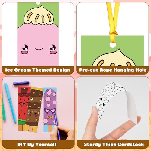 120Pcs Ice Cream Color Your Own Bookmarks - Summer Ice Cream Popsicle DIY Coloring Blank Bookmarks for School Classroom Rewards Reading Activity Gifts Crafts Birthday Party Favors Supplies