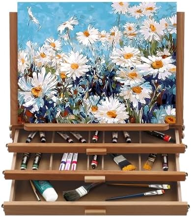 Large Adjustable Tabletop Easel with 3 Storage Drawers & Palette, Portable Solid Beech Wood Sketch Box Art Station for Painting, Desktop Travel Easel for Adults, Artists, Students,Beginners