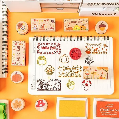 CUweipeng Fall Wooden Rubber Stamps Set Pumpkin Animal Stamp with Ink Pads
