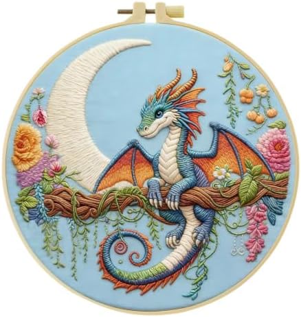 Black dragon handmade DIY embroidery kit,suitable for adult beginners,includes embroidery cloth, instructions, embroidery frame and needle and thread, suitable for holiday gifts (Blue Dragonfly)