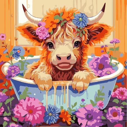 AALBLAC Cow Paint by Numbers for Adults- Highland Cow Paint by Numbers Kit for Adults Beginners,DIY Easy Acrylic Paint by Number Canvas for Home Wall Decor 16x16 inch