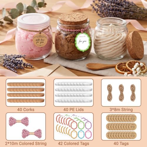 40 Pack 7oz Glass Jars with Cork Lids & PE Lids, Yogurt & Candle Jars