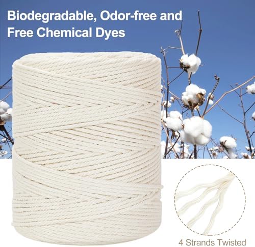 Macrame Cord 4mm x 380Yards (1140Feet), Natural Cotton Macrame Rope - 4 Strands Twisted Macrame Cotton Cord for Wall Hanging, Plant Hangers, Crafts, Gift Wrapping and Wedding Decorations, Light Blue