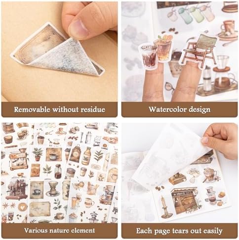 RISYPISY 558pcs Coffee Theme Washi Sticker Book for Scrapbooking | 50 Sheets Journaling Stickers for Junk Journals & Planners
