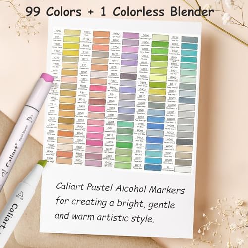Caliart 100 Colors Pastel Alcohol Markers Brush Tip & Chisel Art Markers | Permanent Pens Art Supplies Gift for Adults Coloring Book, Drawing Illustration Sketch Coloring Markers Set with Carry Case